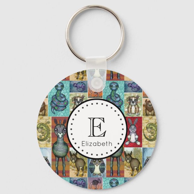 Cute Animal Collage Folk Art Design Personalised Key Ring (Front)