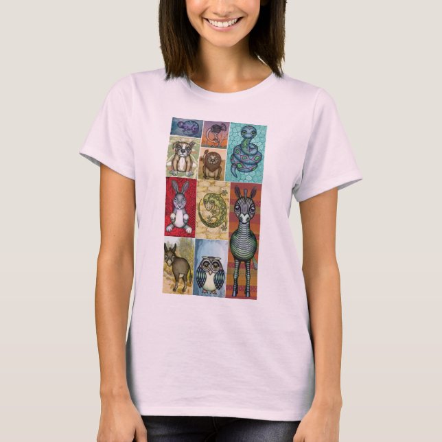 Cute Animal Collage Folk Art Design T-Shirt (Front)