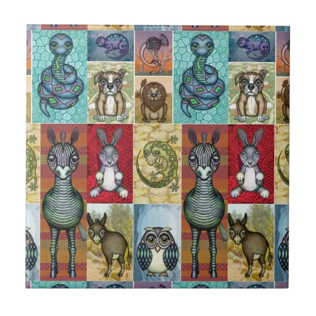 Cute Animal Collage Folk Art Design Tile (Front)