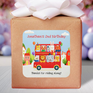 Cute Animal Double Decker Party Bus Birthday Square Sticker