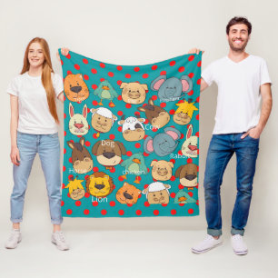 Cute animal farm red dots blue kids fleece blanket