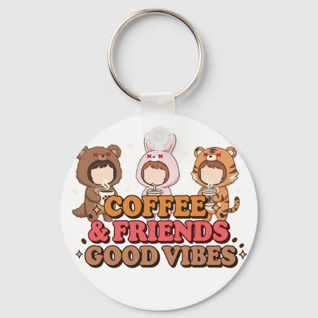 Cute Animal Friends Coffee Lovers Key Ring (Front)