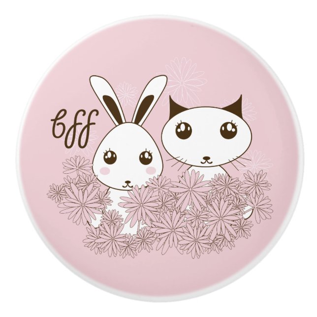 Cute Animal Friends Pink Girls Kids Room Ceramic Knob (Front)