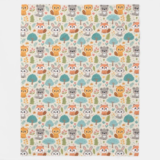 Cute Animal Friends Seamless Pattern – Playful Kid Fleece Blanket (Front)