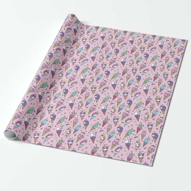 Cute Animal Ice Cream Cones Wrapping Paper (Unrolled)