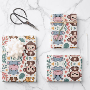 Cute animal pattern features monkeys wrapping paper sheet