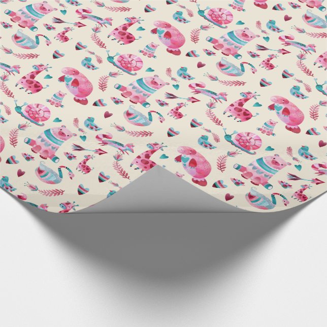 Cute  Animal Pattern in Pink & Green Watercolor Wrapping Paper (Corner)