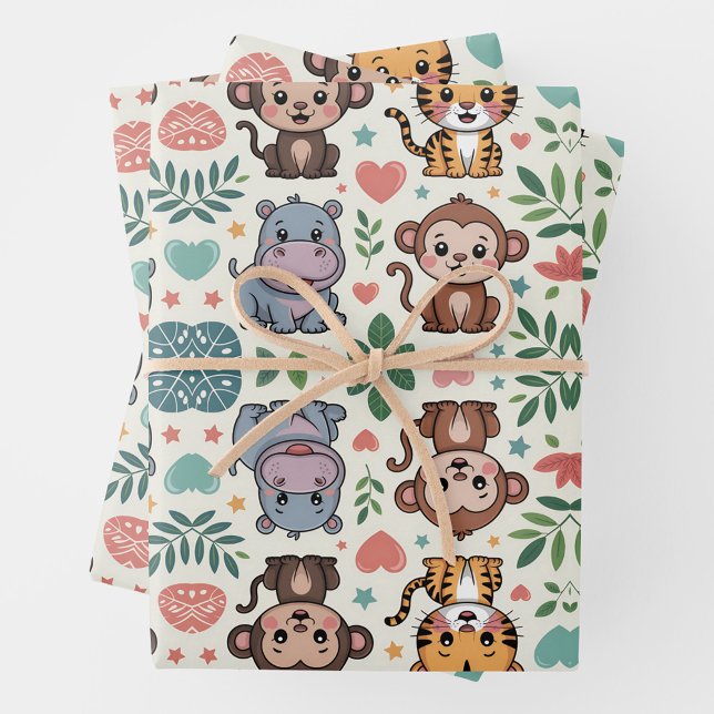 Cute animal pattern with monkeys, tigers wrapping paper sheet (Creator Uploaded)