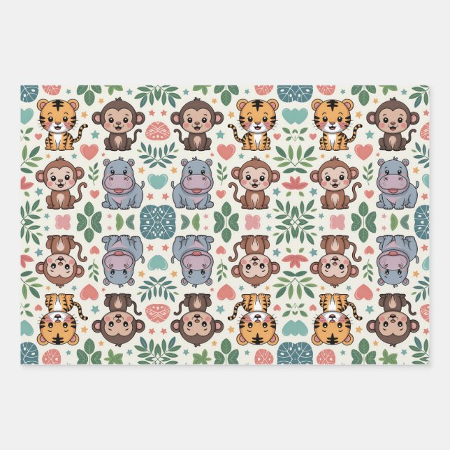Cute animal pattern with monkeys, tigers wrapping paper sheet (Front)