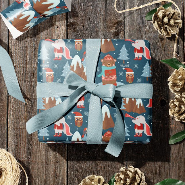 Cute Animal Pattern with Name Blue Christmas Wrapping Paper (Creator Uploaded)