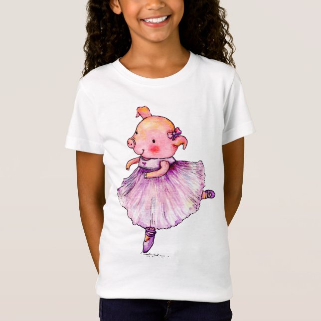 Cute Animal Pig Ballerina Watercolor T-Shirt (Front)
