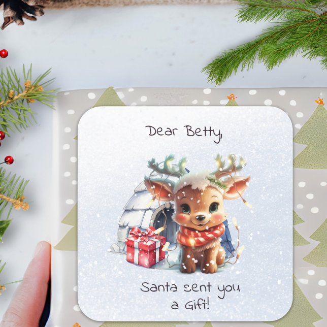 Cute Animal Santa Reindeer Snowflake Kid Christmas Square Sticker (Creator Uploaded)