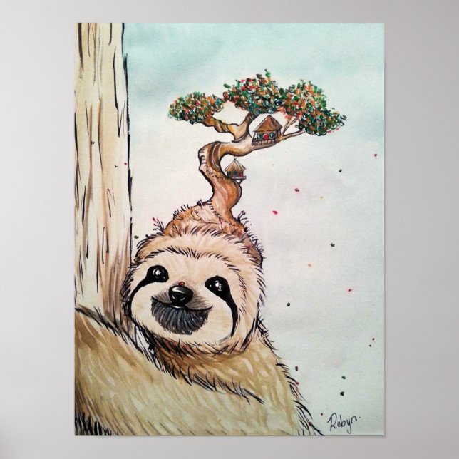 Cute Animal Sloth with Bonsai Tree house Poster (Front)