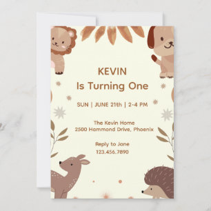Cute Animal Theme First Birthday Invitation