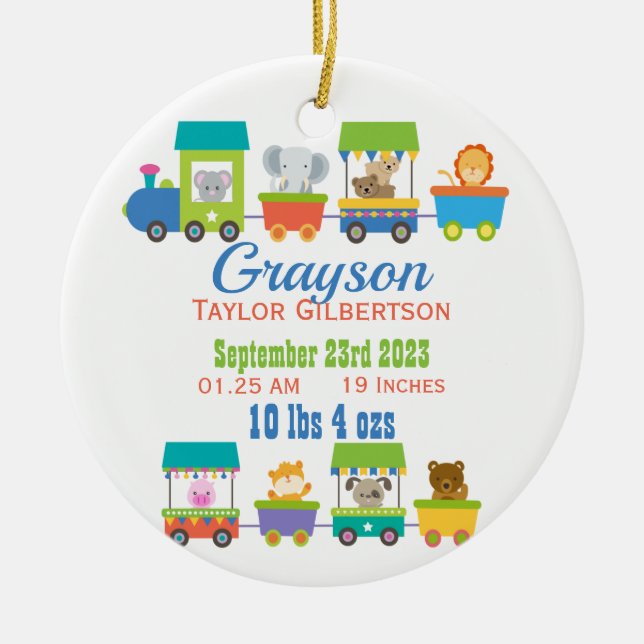 Cute Animal Train Baby Birth Announcement Ceramic Tree Decoration (Front)