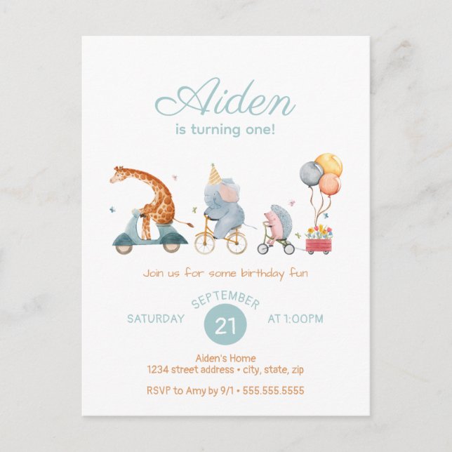 Cute Animal Train Neutral Birthday Party Postcard (Front)