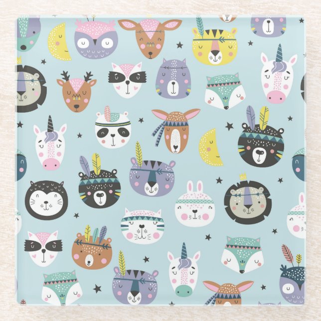 Cute Animal Tribal: Boho Pattern Glass Coaster (Front)