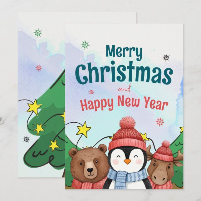 Cute Animal Watercolor Christmas Blue color Holiday Card (Front/Back)