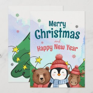 Cute Animal Watercolor Christmas Blue colour Holiday Card
