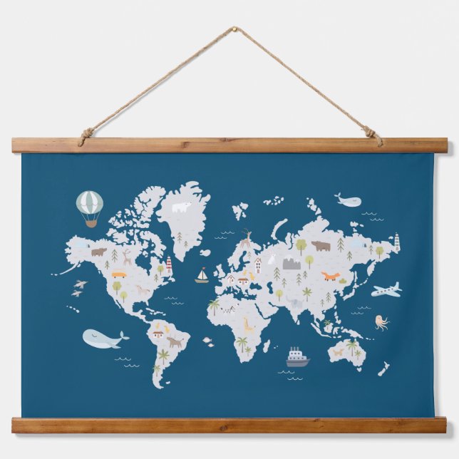 Cute Animal World Map Hanging Tapestry (Front)