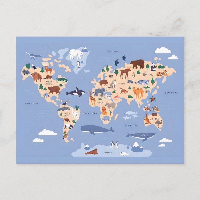 Cute Animal World Map Postcard (Front)