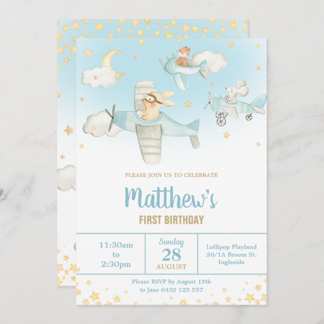 Cute Animals Aeroplanes Stars Sky Birthday Boy Invitation (Front/Back)