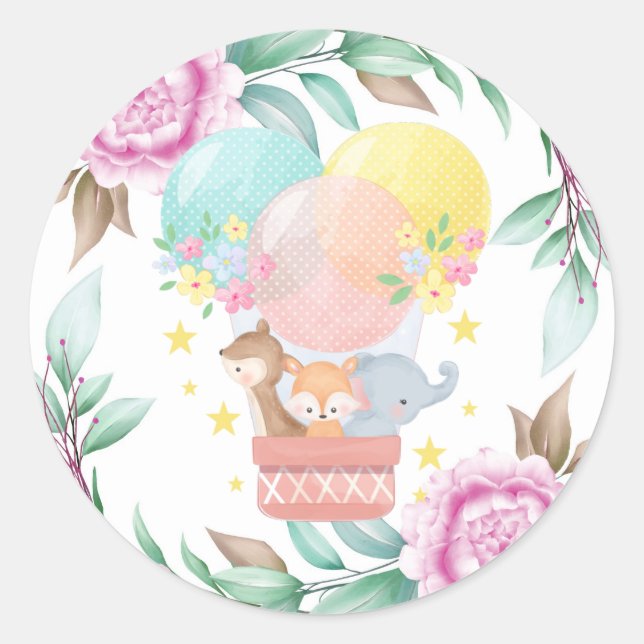 Cute Animals and Pink Peony Baby Shower Classic Round Sticker (Front)