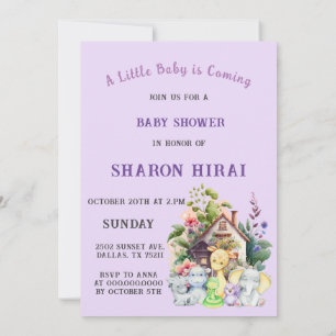 Cute Animals Baby Shower Invitation Purple