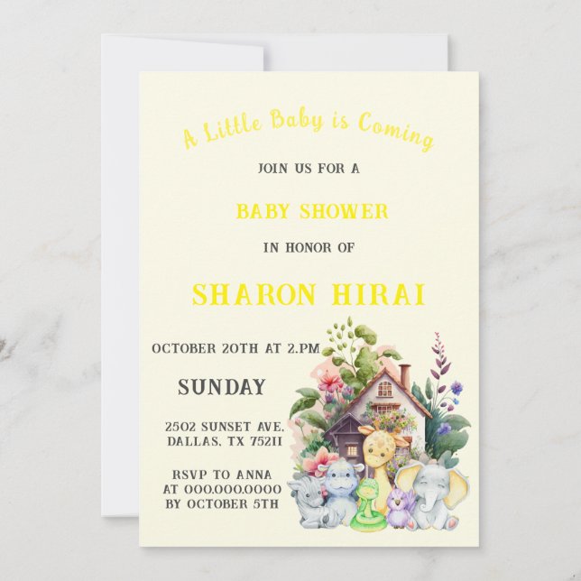 Cute Animals Baby Shower Invitation | Yellow (Back)