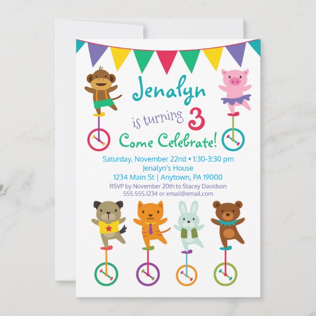 Cute Animals Birthday Invitation Unicycle Circus (Front)