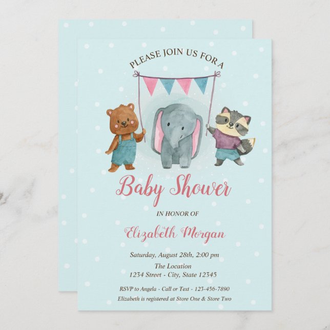 Cute Animals, Blue Dots Baby Shower Invitation (Front/Back)