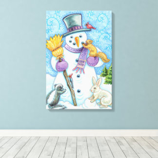 Cute Animals Building a Snowman for Christmas Canvas Print