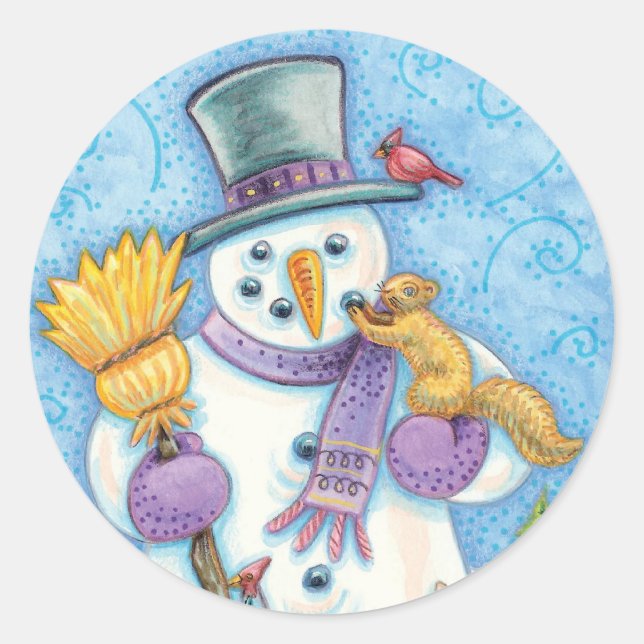 Cute Animals Building a Snowman for Christmas Classic Round Sticker (Front)