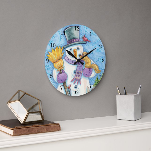Cute Animals Building a Snowman for Christmas Large Clock (Office)