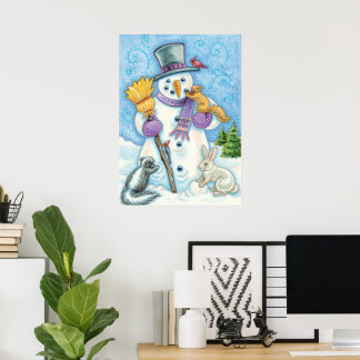 Cute Animals Building a Snowman for Christmas Poster