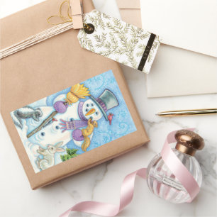 Cute Animals Building a Snowman for Christmas Rectangular Sticker