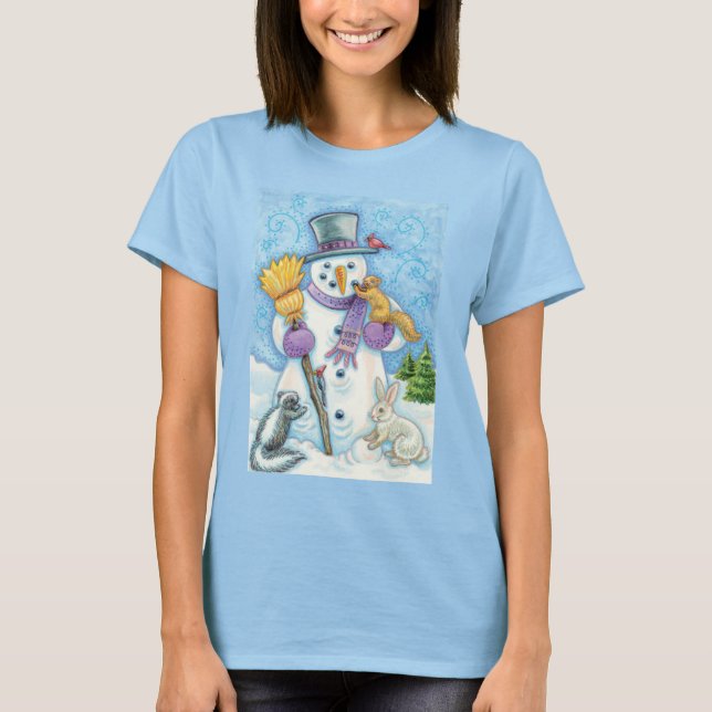 Cute Animals Building a Snowman for Christmas T-Shirt (Front)