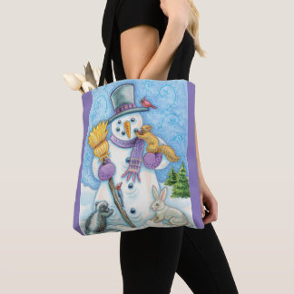 Cute Animals Building a Snowman for Christmas Tote Bag