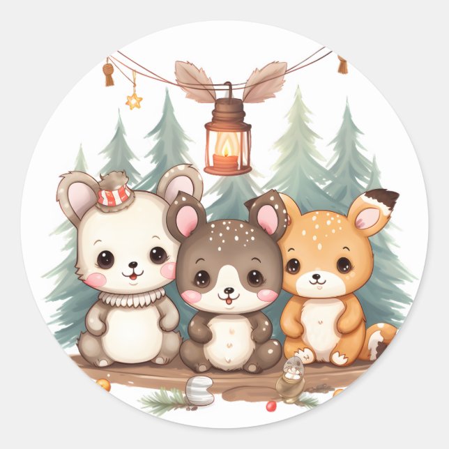 Cute animals celebrating Christmas Classic Round Sticker (Front)