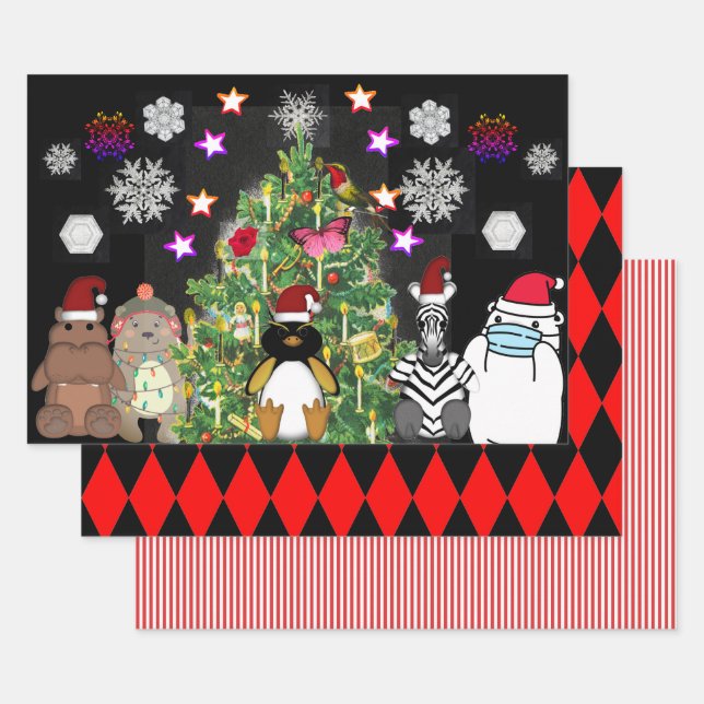 CUTE ANIMALS CHRISTMAS TREE CHRISTMAS WRAPPING PAPER SHEET (Set)