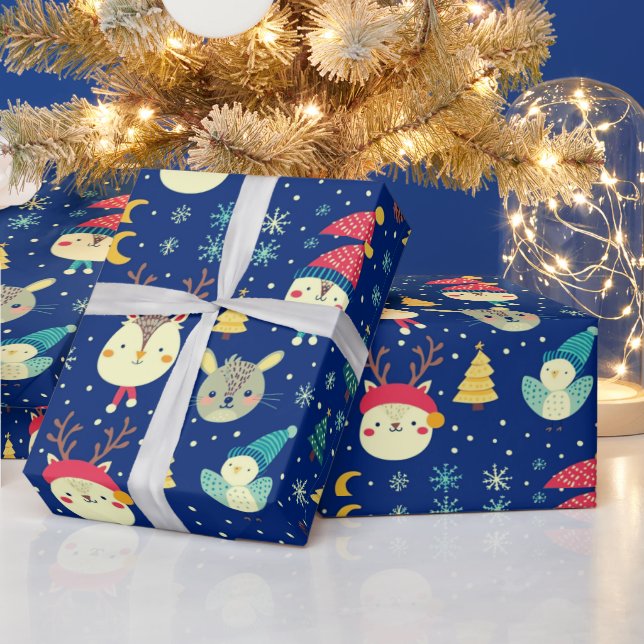 Cute Animals Christmas Trees Blue Christmas Wrapping Paper (Holidays)