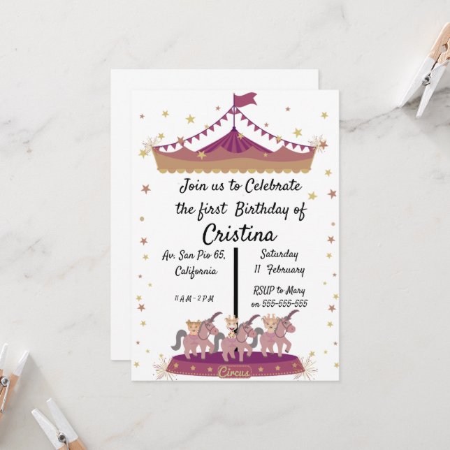 Cute animals circus pony invitation (Front/Back In Situ)