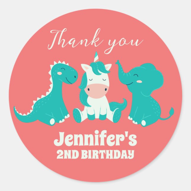 Cute Animals Dinosaur Unicorn Kids Birthday Party Classic Round Sticker (Front)