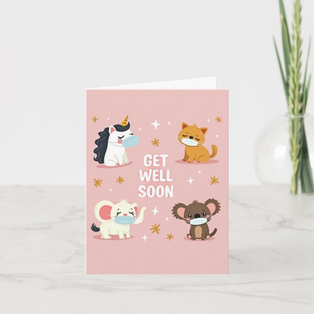 Cute animals face masks get well card (Front)
