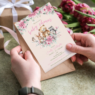 Cute Animals Floral Peach Pink Girl Baby Shower Invitation