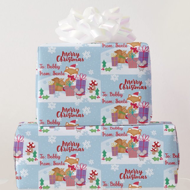 Cute Animals From Santa Add Name Fox Mouse Snow Wrapping Paper (Creator Uploaded)
