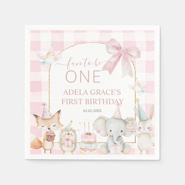Cute Animals Fun To Be One 1st Birthday Pink Arch Napkin (Front)