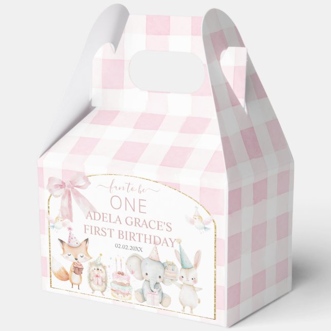 Cute Animals Fun To Be One 1st Birthday Pink Gable Favour Box (Back)