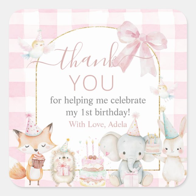 Cute Animals Fun To Be One 1st Birthday Pink Square Sticker (Front)