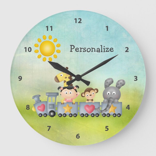 Cute Animals & Girl on Train Large Clock (Front)